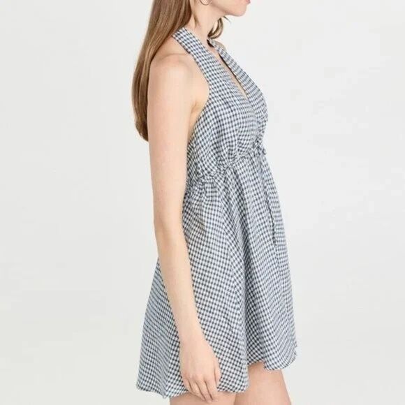 NWT REFORMATION Carlena 100% Linen Halter Mini Dress Blue Gingham Check M - Picture 5 of 9